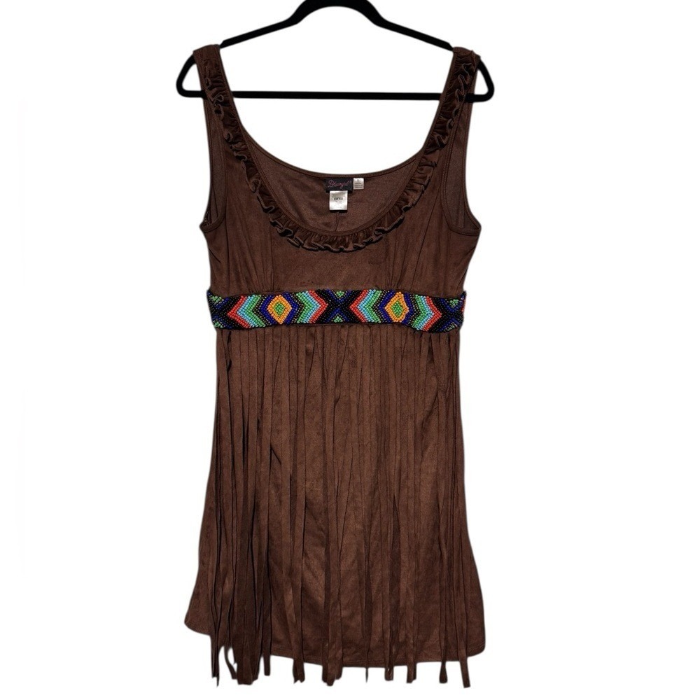 Dream Girl Vintage Y2K Faux Suede Fringe Chocolate Brown Beaded Babydoll Tunic M